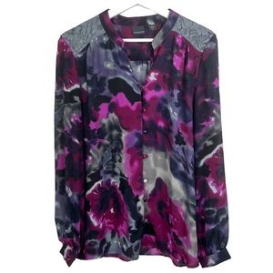 COVINGTON Womens L Multicolor Floral Print Lace Applique Button Down Shirt